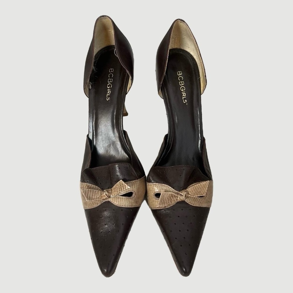 Vintage BCBG brown coquette bow pointed toe heels
